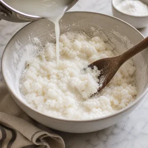 Hot milk mixture stirred into tapioca starch