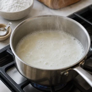 Milk mixture gently boiling in a saucepan