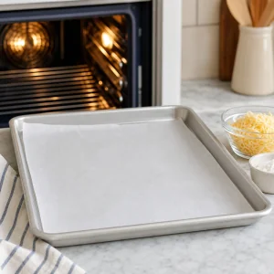 Parchment-lined baking sheet in front of a warm oven