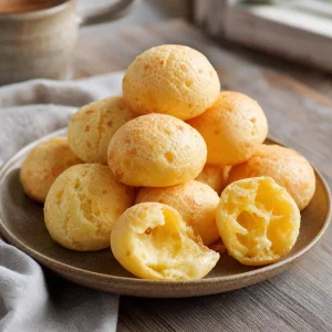 Puffed golden pao de queijo cheese breads on a plate