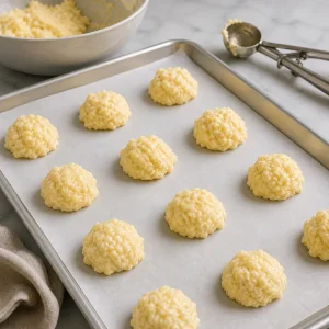 Unbaked cheese tapioca batter mounds on parchment