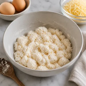 Warm clumpy tapioca dough resting in a bowl