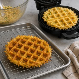 Waffle de batata pronto descansando em uma grade sobre uma assadeira