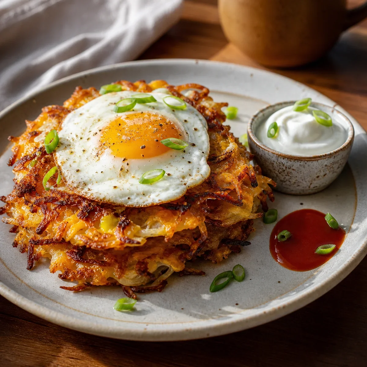 Waffles crocantes de batata servidos com ovo frito, creme azedo, molho de pimenta e cebolinha