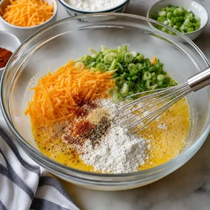 Ovos, cheddar, cebolinha, farinha, manteiga e temperos misturados em uma tigela