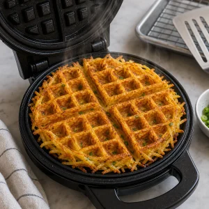 Waffle de batata dourado e crocante dentro da máquina aberta