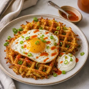 Waffles de batata quentes servidos com ovos fritos, creme azedo, molho de pimenta e cebolinha