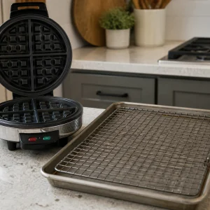 Máquina de waffle aberta aquecendo ao lado de uma grade sobre uma assadeira