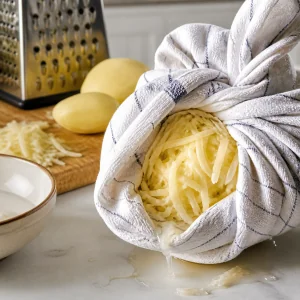 Batatas raladas sendo espremidas em um pano limpo para retirar a umidade