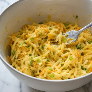 Batatas raladas espremidas misturadas ao creme temperado de ovos e queijo