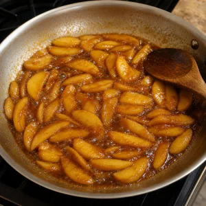 Fatias de maca borbulhando em molho de caramelo dourado intenso numa frigideira para bites de tarte Tatin com brie e maca