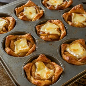 Copos de massa folhada assados com macas caramelizadas, brie derretido e bordas douradas numa forma de muffin