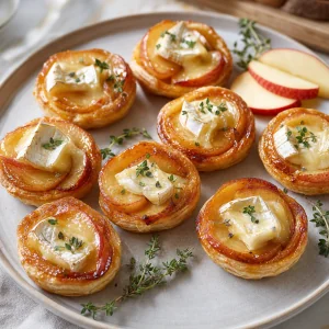 Brie-Apfel-Tarte-Tatin-Haeppchen mit karamellisierten Aepfeln, geschmolzenem Brie und frischem Thymian in goldenen Blaetterteigschalen