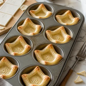 Copos de massa folhada levemente assados em forma de muffin para bites de tarte Tatin com brie e maca