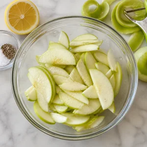 Fatias finas de maca Granny Smith misturadas com suco de limao, sal e pimenta para bites de tarte Tatin com brie e maca