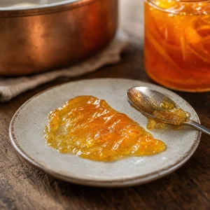 A spoonful of orange marmalade wrinkling on a chilled plate for the set test