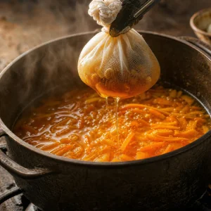Cheesecloth seed bag dripping pectin-rich juice into simmering marmalade