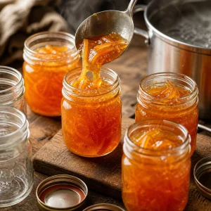 Hot orange marmalade ladled into sterilized glass jars