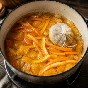Orange peel strips and chopped fruit simmering with a cheesecloth seed bag