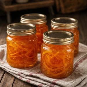 Sealed jars of orange marmalade cooling on a kitchen towel
