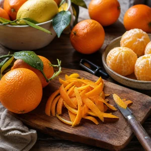 Seville oranges and lemon with thin orange peel strips on a cutting board
