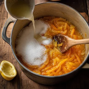 Sugar and lemon juice added to softened orange peel in a heavy pot