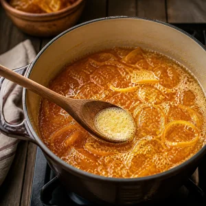 Thickening orange marmalade simmering while foam is skimmed with a spoon