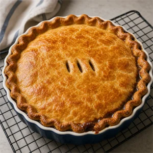 Baked steak and ale pie with bubbling gravy at the edge