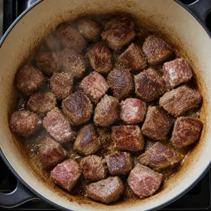 Beef cubes browning in a Dutch oven