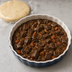 Beef filling spooned into a deep pie dish