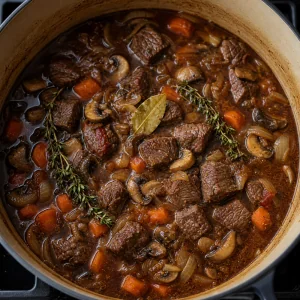 Browned beef simmering with ale and herbs