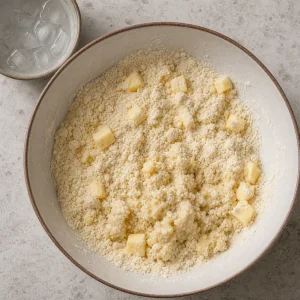 Cold butter and flour mixed for shortcrust pastry