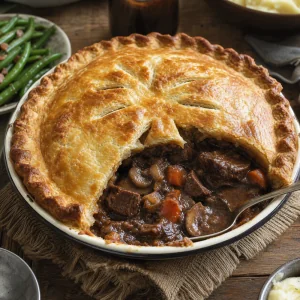 Finished steak and ale pie with golden shortcrust pastry