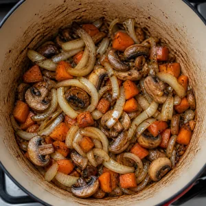 Onions, mushrooms, and carrots cooking in browned fond