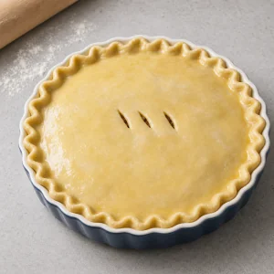 Unbaked pie with crimped pastry lid and vents