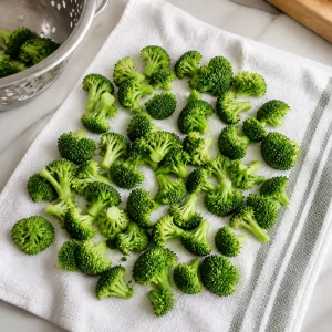 Broccoli sbollentati stesi su un canovaccio ad asciugare