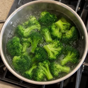 Cimette di broccoli che bollono in una pentola d'acqua