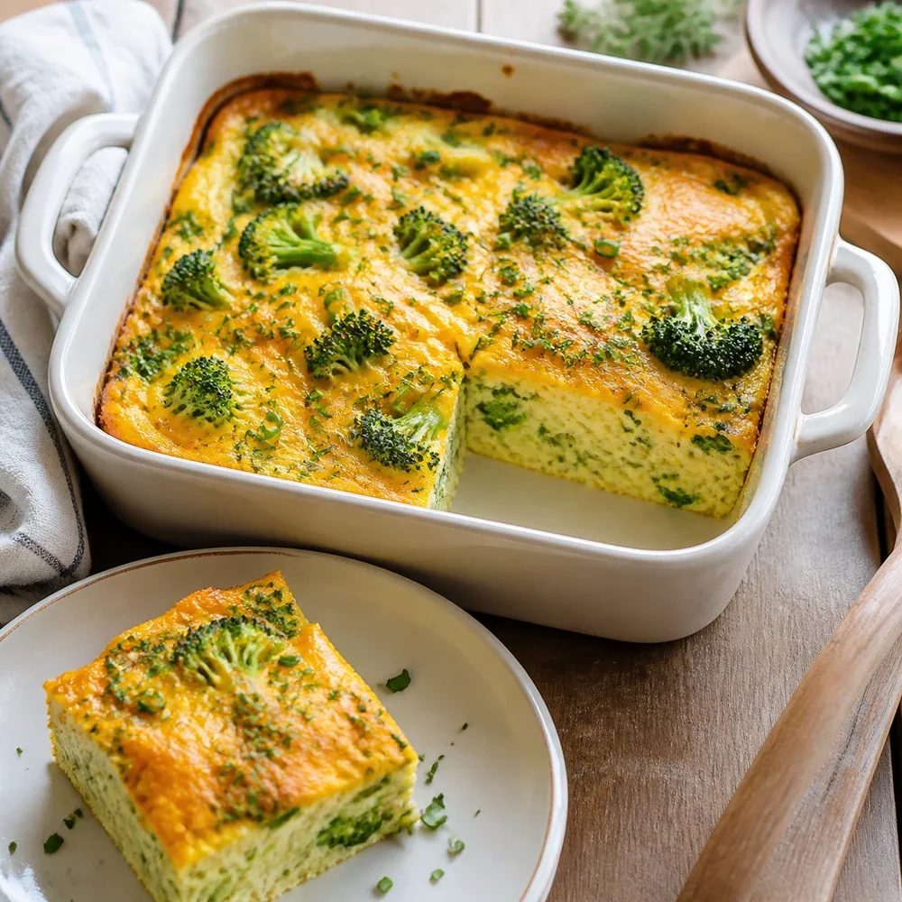 Sformato di uova con broccoli e cheddar finito con una porzione nel piatto