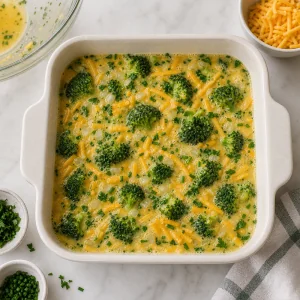 Composto crudo di uova con broccoli e cheddar nella pirofila