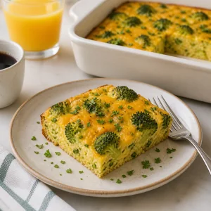 Fetta calda di sformato di uova con broccoli e cheddar su un piatto