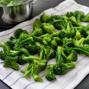 Blanched broccoli draining on a kitchen towel