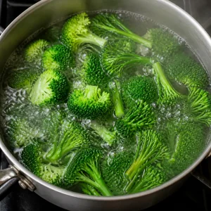 Broccoli blanching in a pot of boiling water