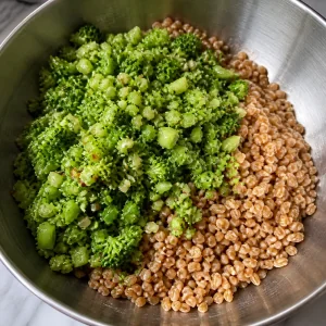 Cooked broccoli mixture added to warm farro
