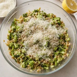 Farro broccoli salad topped with grated pecorino and black pepper