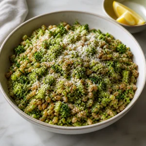 Finished broccoli farro salad served with lemon wedges