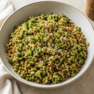 Salada de farro pronta com brócolis picado e pecorino ralado
