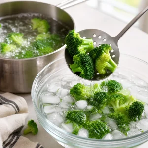 Bright broccoli florets cooling in ice water