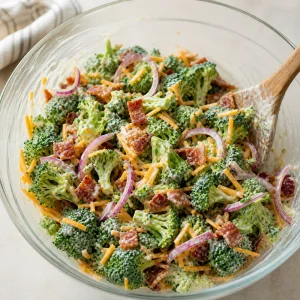 Broccoli, bacon, cheddar and red onion tossed together