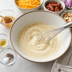 Creamy dressing whisked in a mixing bowl