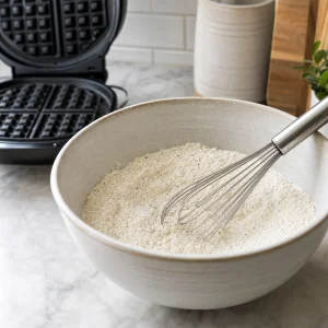 Ingredienti secchi per i waffle mescolati accanto alla piastra aperta